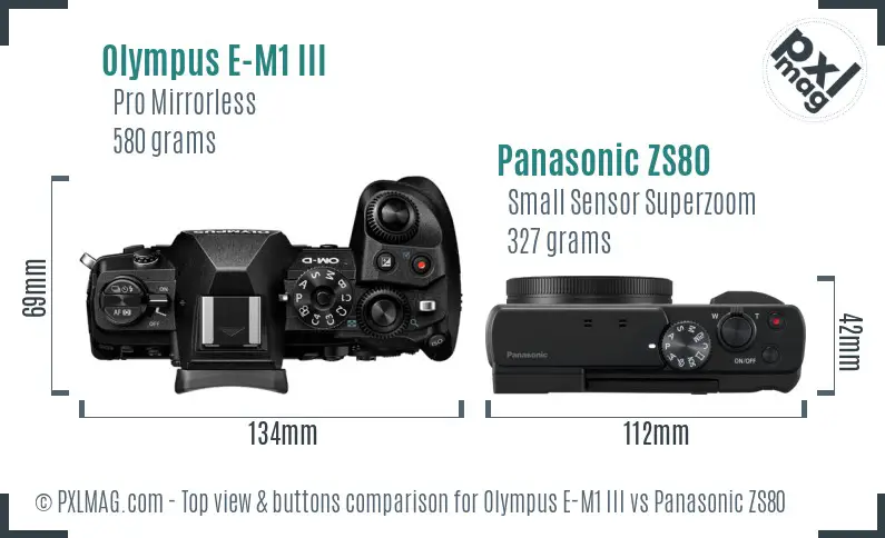 Olympus E-M1 III vs Panasonic ZS80 top view buttons comparison