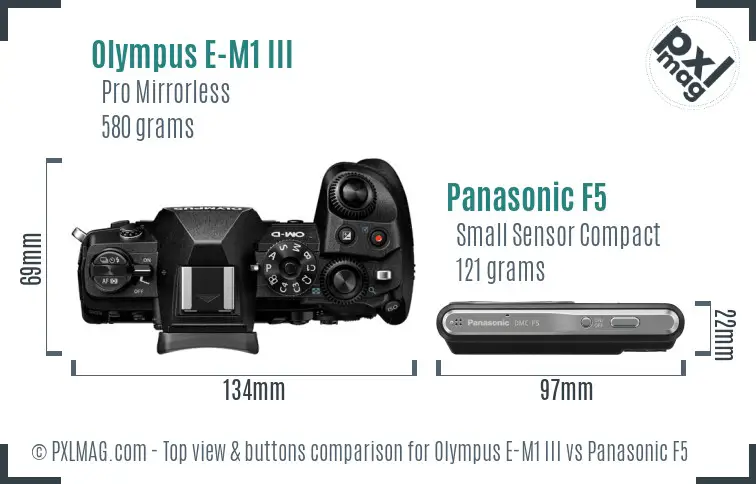 Olympus E-M1 III vs Panasonic F5 top view buttons comparison