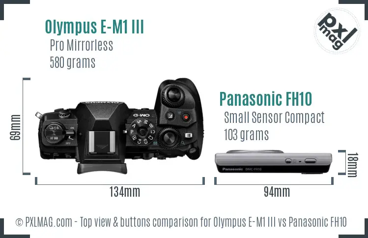 Olympus E-M1 III vs Panasonic FH10 top view buttons comparison