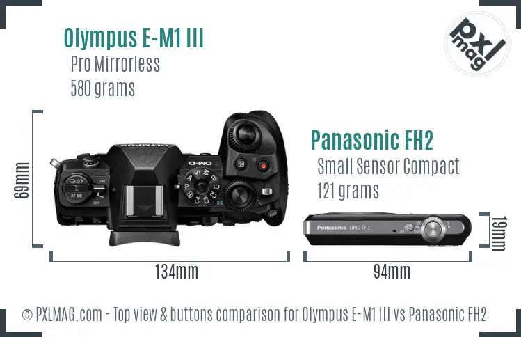 Olympus E-M1 III vs Panasonic FH2 top view buttons comparison
