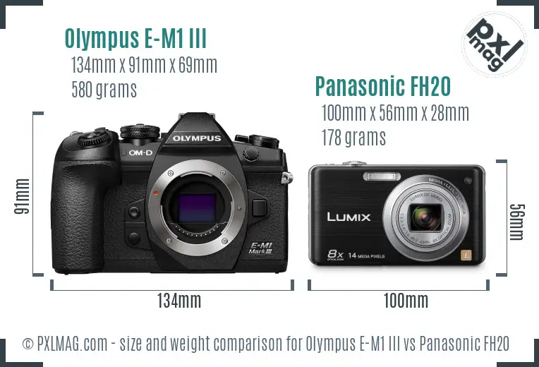 Olympus E-M1 III vs Panasonic FH20 size comparison