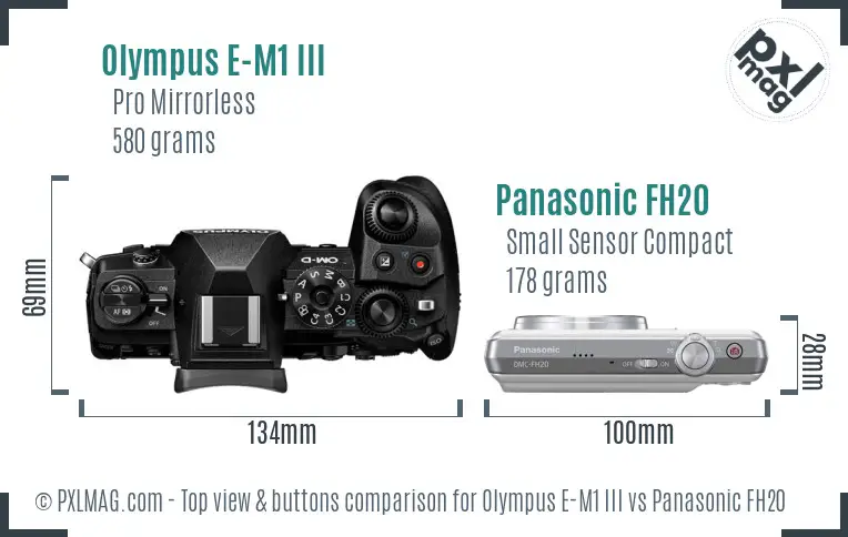 Olympus E-M1 III vs Panasonic FH20 top view buttons comparison