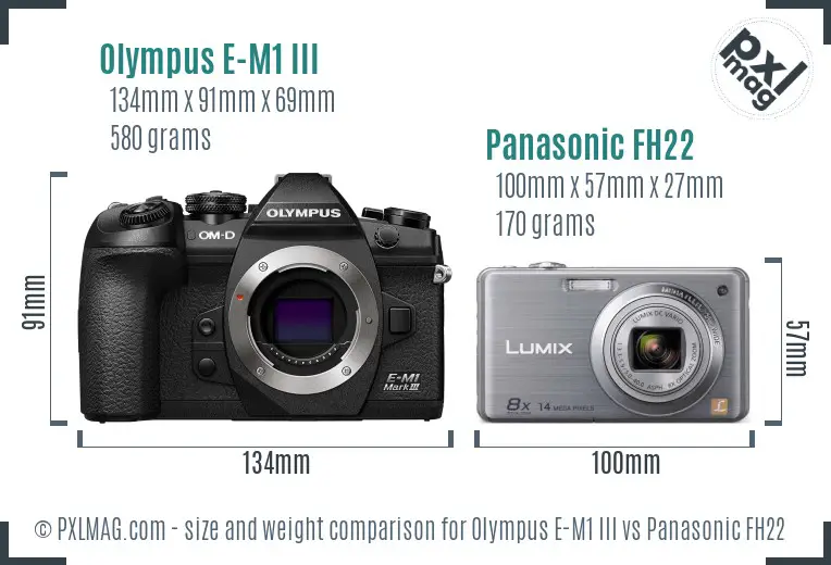 Olympus E-M1 III vs Panasonic FH22 size comparison