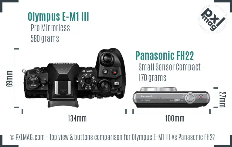 Olympus E-M1 III vs Panasonic FH22 top view buttons comparison