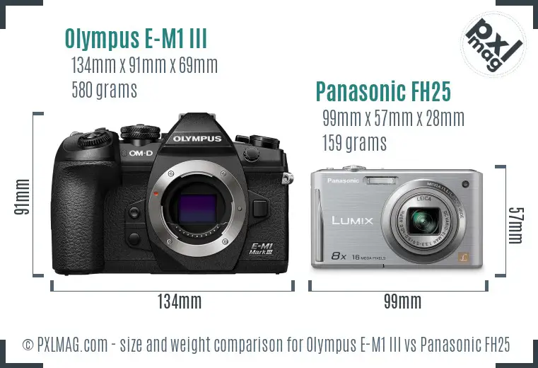 Olympus E-M1 III vs Panasonic FH25 size comparison