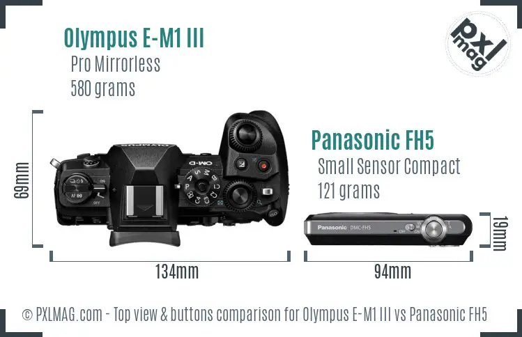 Olympus E-M1 III vs Panasonic FH5 top view buttons comparison