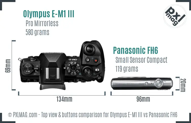 Olympus E-M1 III vs Panasonic FH6 top view buttons comparison
