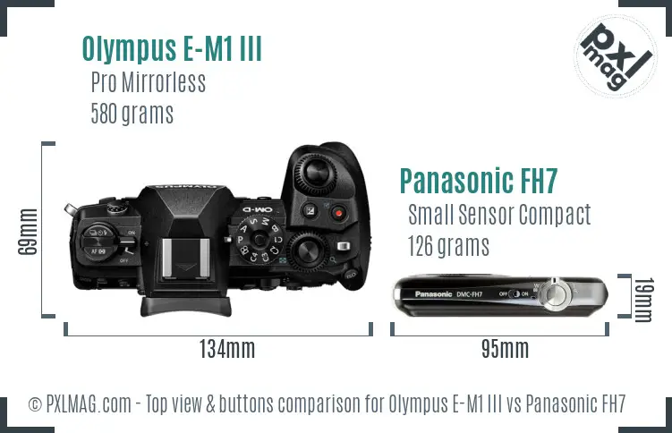 Olympus E-M1 III vs Panasonic FH7 top view buttons comparison