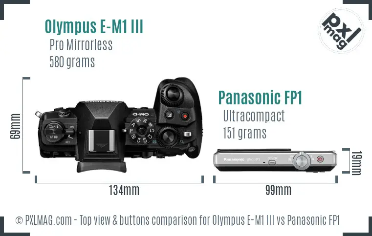 Olympus E-M1 III vs Panasonic FP1 top view buttons comparison