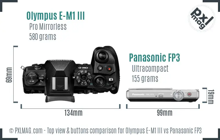 Olympus E-M1 III vs Panasonic FP3 top view buttons comparison