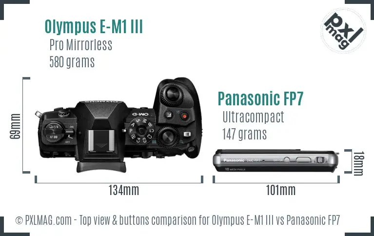 Olympus E-M1 III vs Panasonic FP7 top view buttons comparison