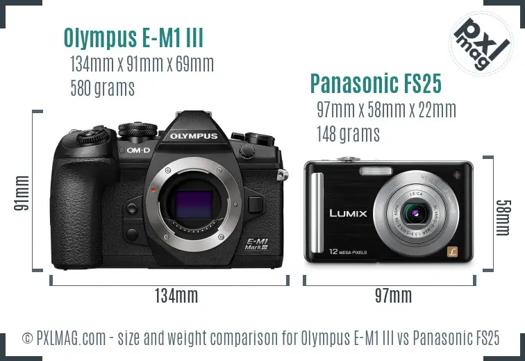 Olympus E-M1 III vs Panasonic FS25 size comparison
