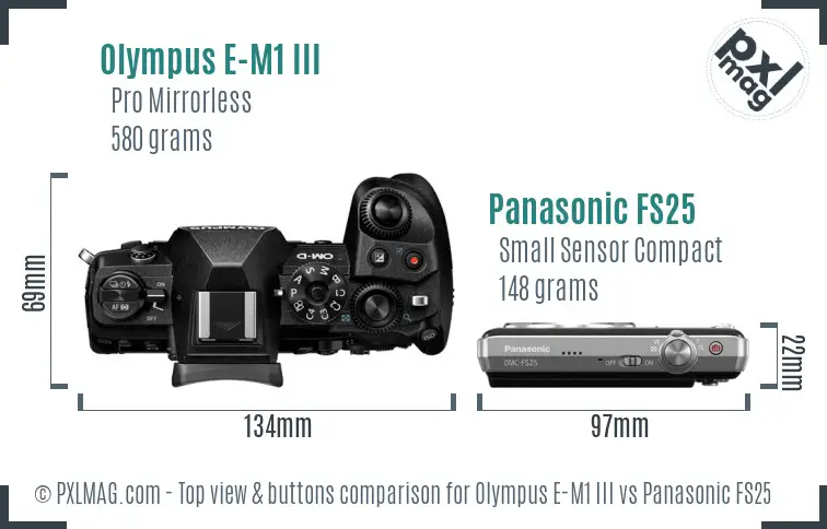 Olympus E-M1 III vs Panasonic FS25 top view buttons comparison