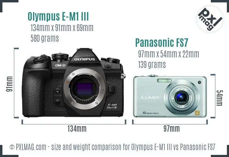 Olympus E-M1 III vs Panasonic FS7 size comparison