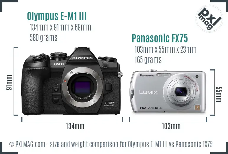 Olympus E-M1 III vs Panasonic FX75 size comparison