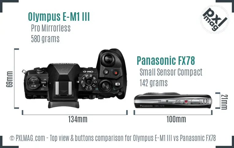 Olympus E-M1 III vs Panasonic FX78 top view buttons comparison
