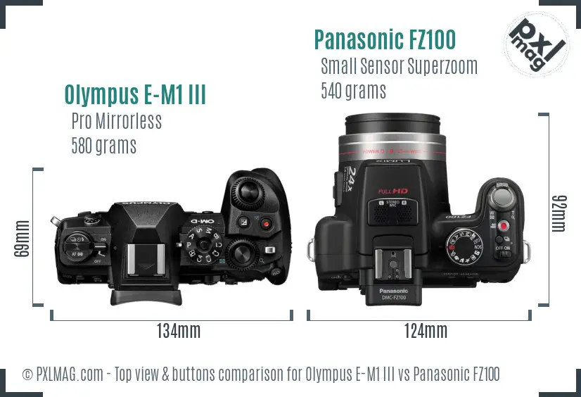 Olympus E-M1 III vs Panasonic FZ100 top view buttons comparison