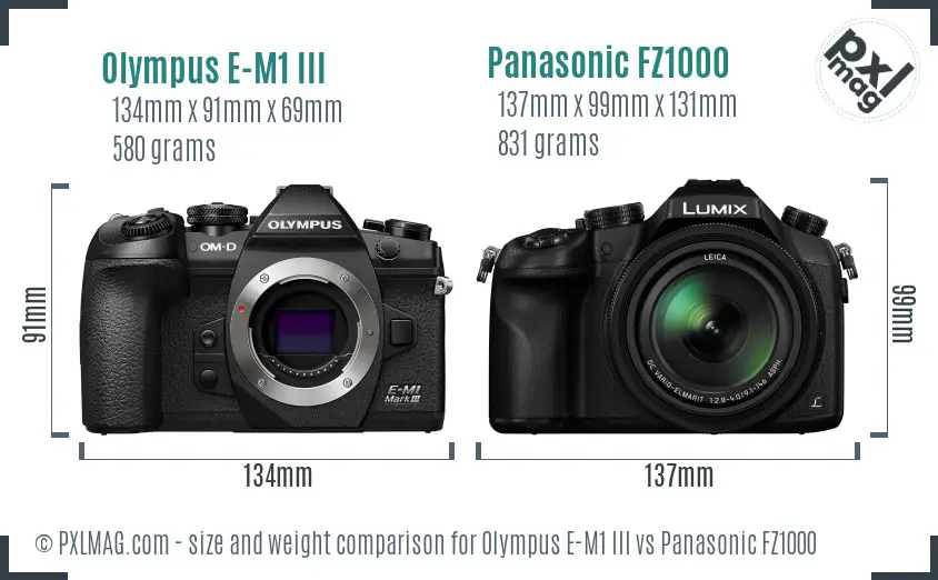 Olympus E-M1 III vs Panasonic FZ1000 size comparison