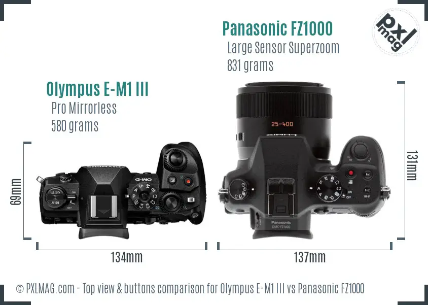 Olympus E-M1 III vs Panasonic FZ1000 top view buttons comparison