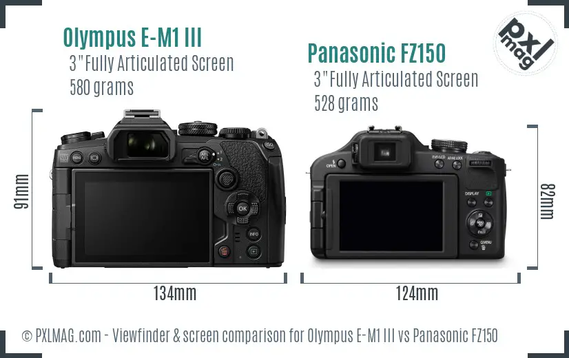 Olympus E-M1 III vs Panasonic FZ150 Screen and Viewfinder comparison