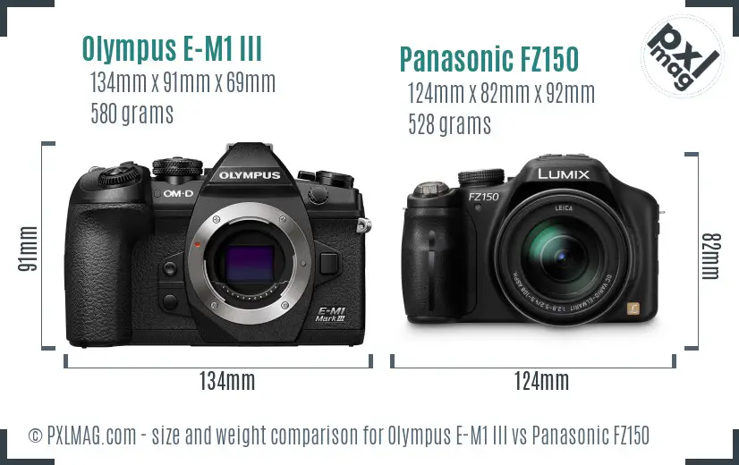 Olympus E-M1 III vs Panasonic FZ150 size comparison