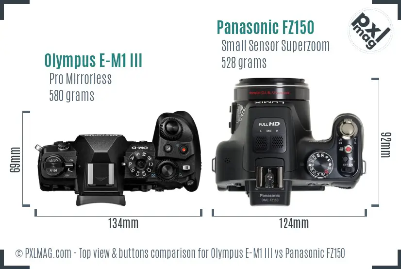Olympus E-M1 III vs Panasonic FZ150 top view buttons comparison