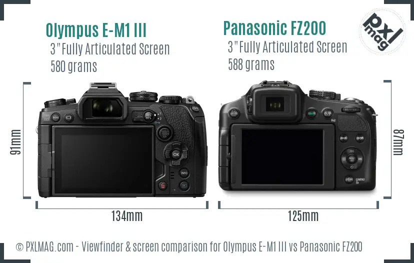 Olympus E-M1 III vs Panasonic FZ200 Screen and Viewfinder comparison
