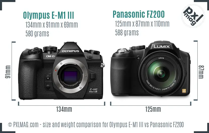 Olympus E-M1 III vs Panasonic FZ200 size comparison