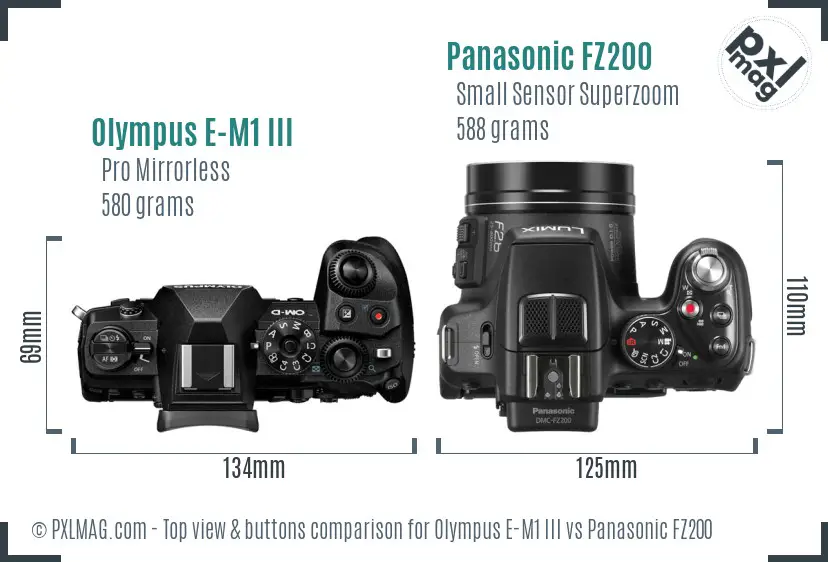 Olympus E-M1 III vs Panasonic FZ200 top view buttons comparison
