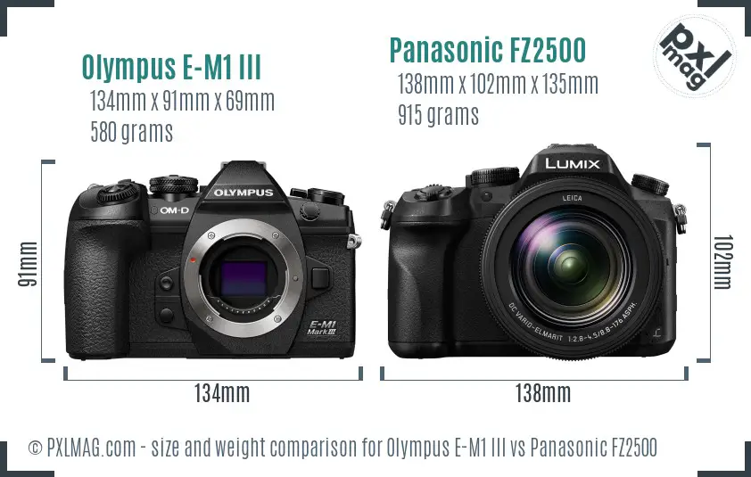 Olympus E-M1 III vs Panasonic FZ2500 size comparison