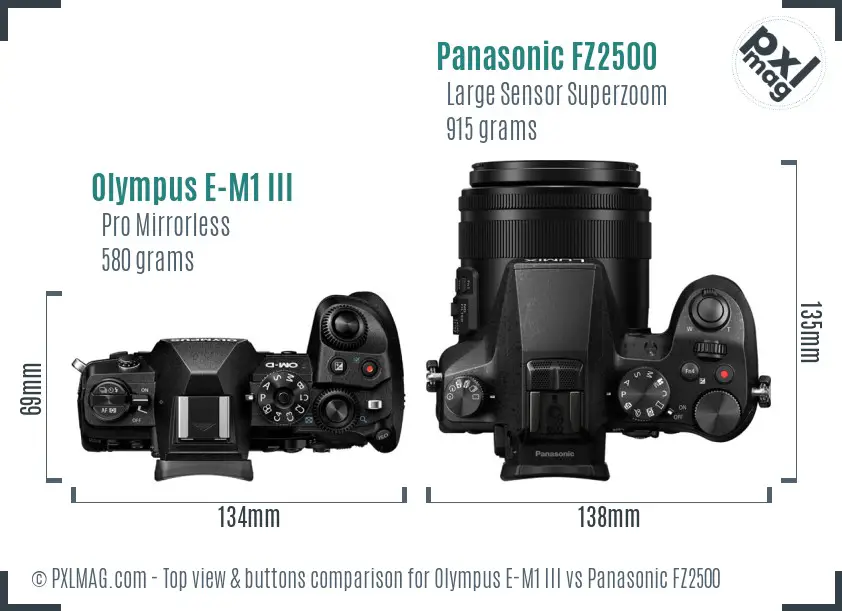 Olympus E-M1 III vs Panasonic FZ2500 top view buttons comparison
