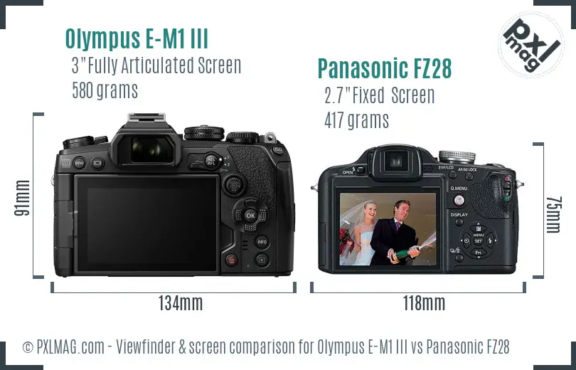 Olympus E-M1 III vs Panasonic FZ28 Screen and Viewfinder comparison