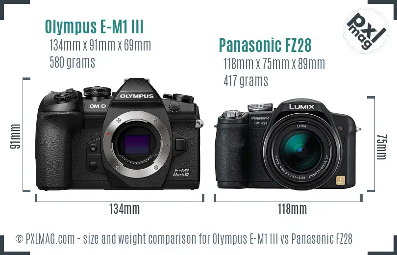 Olympus E-M1 III vs Panasonic FZ28 size comparison