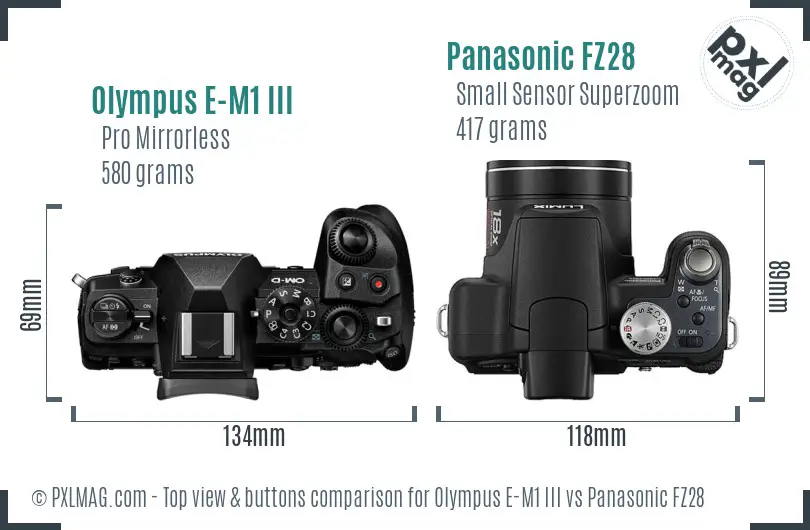 Olympus E-M1 III vs Panasonic FZ28 top view buttons comparison