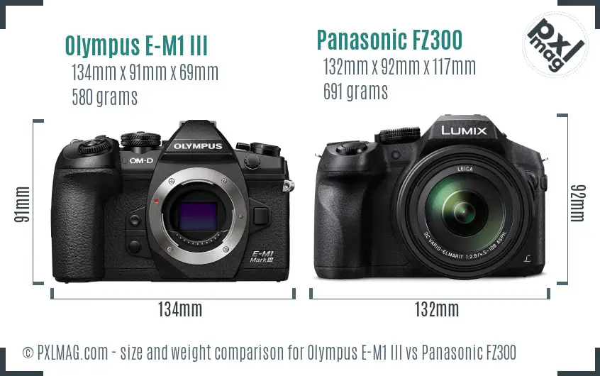 Olympus E-M1 III vs Panasonic FZ300 size comparison