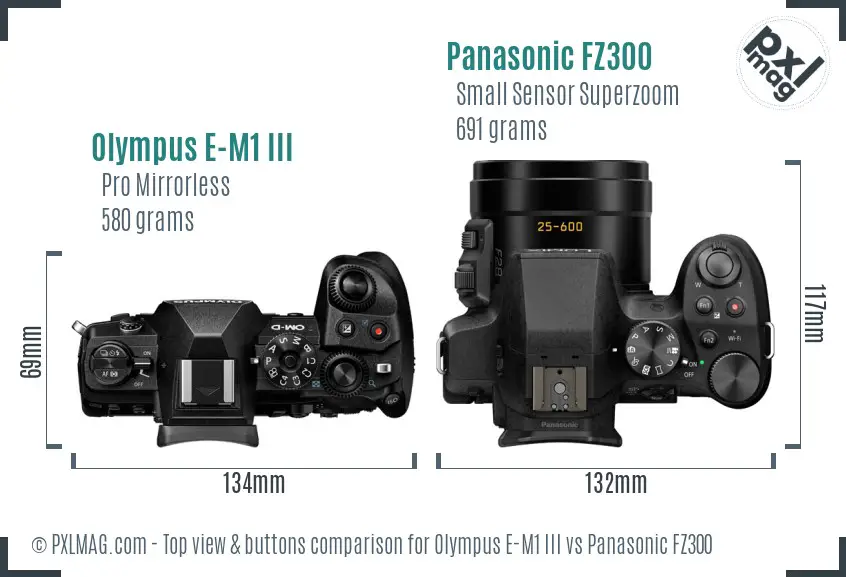 Olympus E-M1 III vs Panasonic FZ300 top view buttons comparison