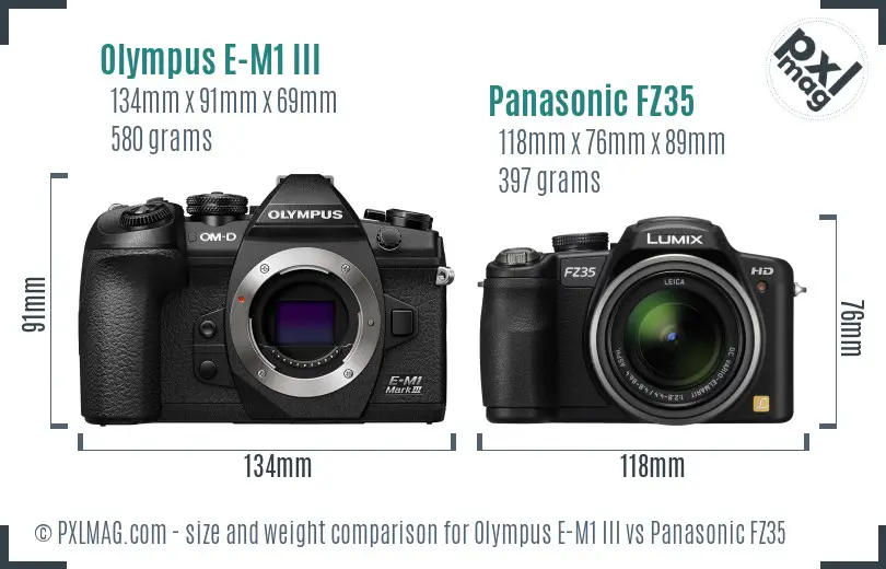 Olympus E-M1 III vs Panasonic FZ35 size comparison