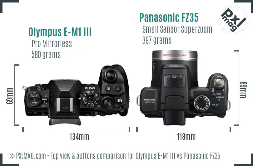 Olympus E-M1 III vs Panasonic FZ35 top view buttons comparison