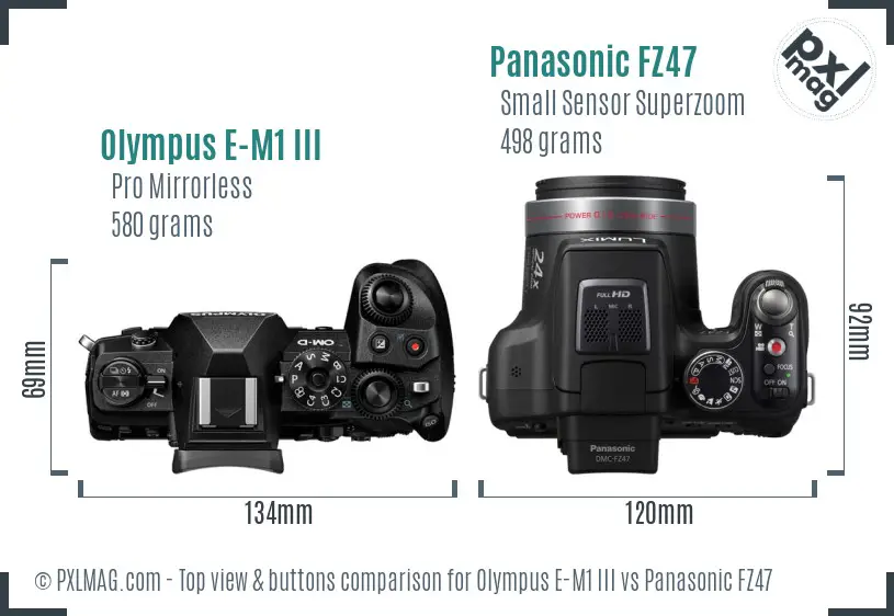 Olympus E-M1 III vs Panasonic FZ47 top view buttons comparison