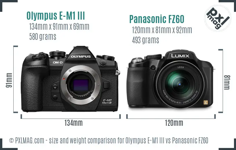 Olympus E-M1 III vs Panasonic FZ60 size comparison