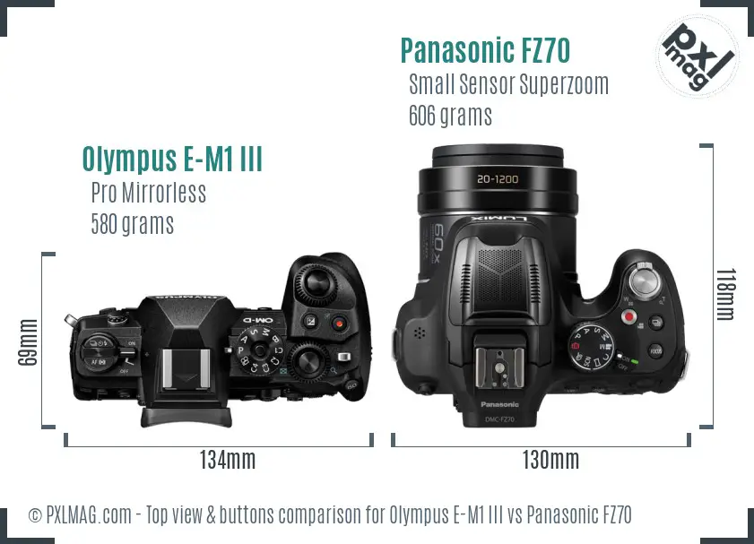 Olympus E-M1 III vs Panasonic FZ70 top view buttons comparison