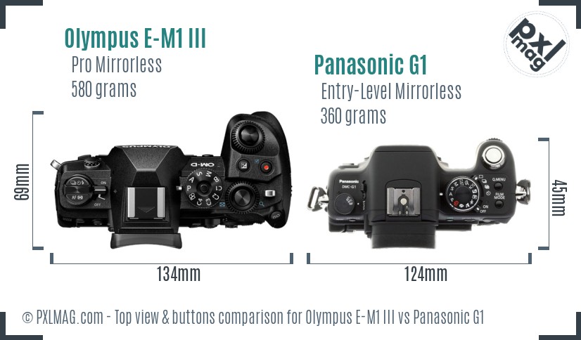 Olympus E-M1 III vs Panasonic G1 top view buttons comparison