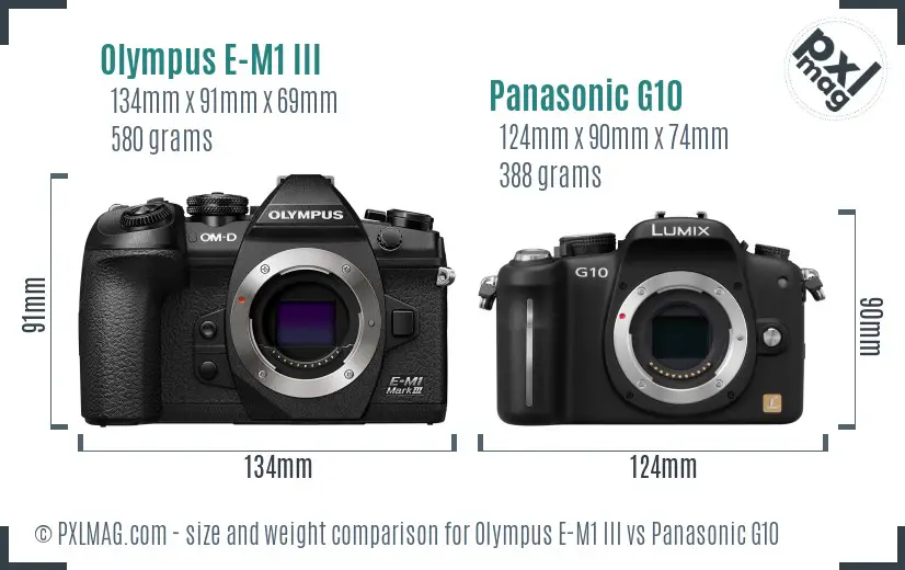 Olympus E-M1 III vs Panasonic G10 size comparison