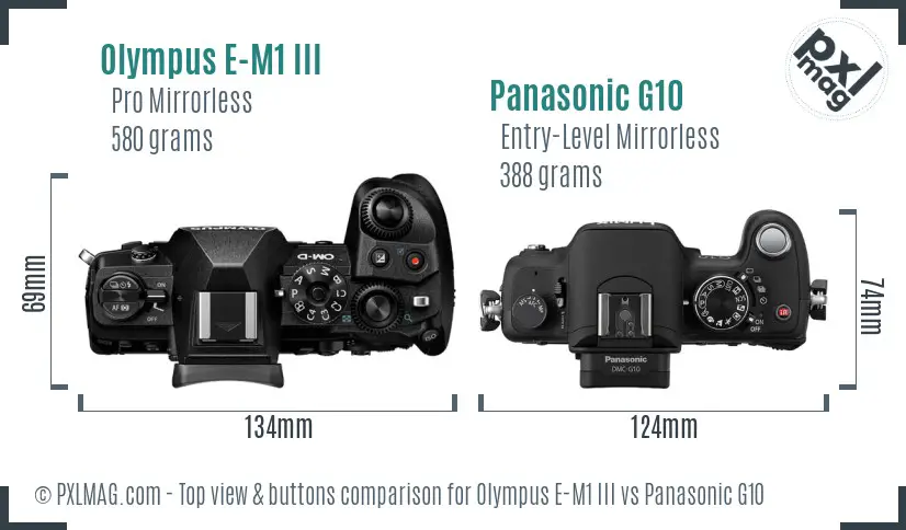 Olympus E-M1 III vs Panasonic G10 top view buttons comparison