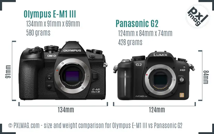 Olympus E-M1 III vs Panasonic G2 size comparison