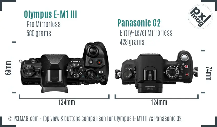 Olympus E-M1 III vs Panasonic G2 top view buttons comparison