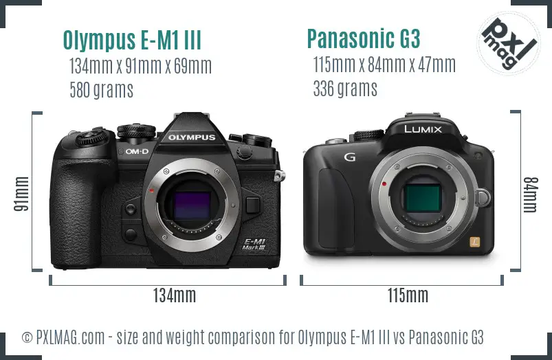 Olympus E-M1 III vs Panasonic G3 size comparison