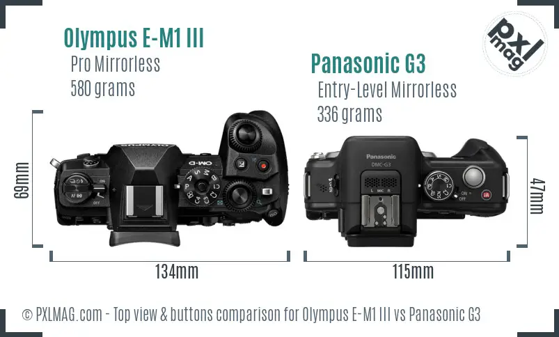 Olympus E-M1 III vs Panasonic G3 top view buttons comparison