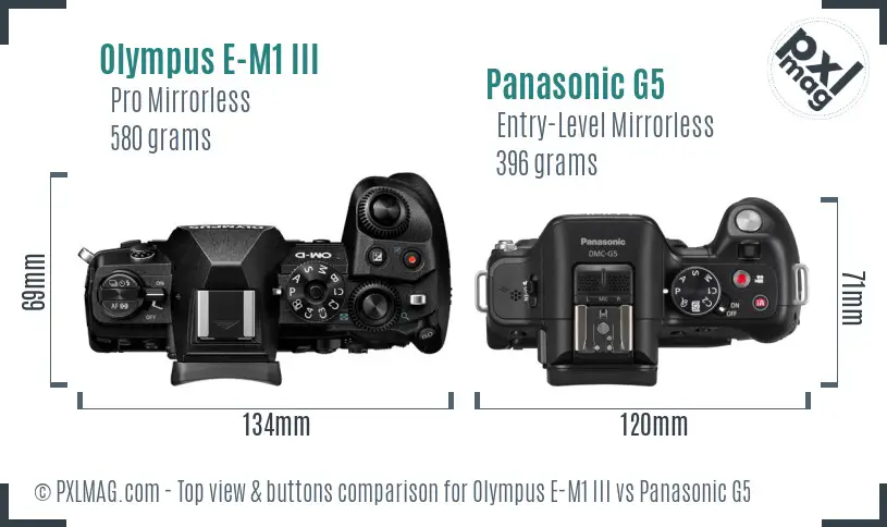 Olympus E-M1 III vs Panasonic G5 top view buttons comparison