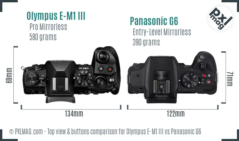 Olympus E-M1 III vs Panasonic G6 top view buttons comparison